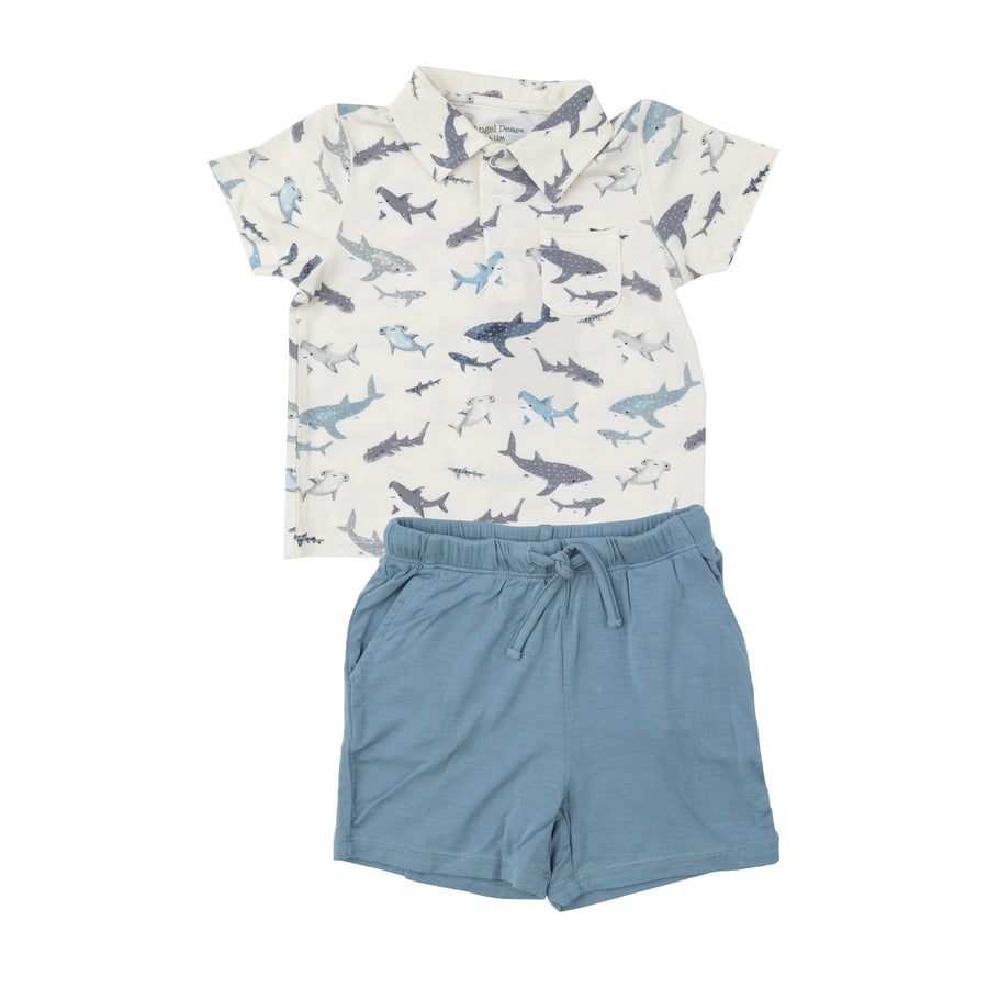 Angel Dear 2-Piece Clothing Set 6-12m Sharks Polo Shirt & Short Set