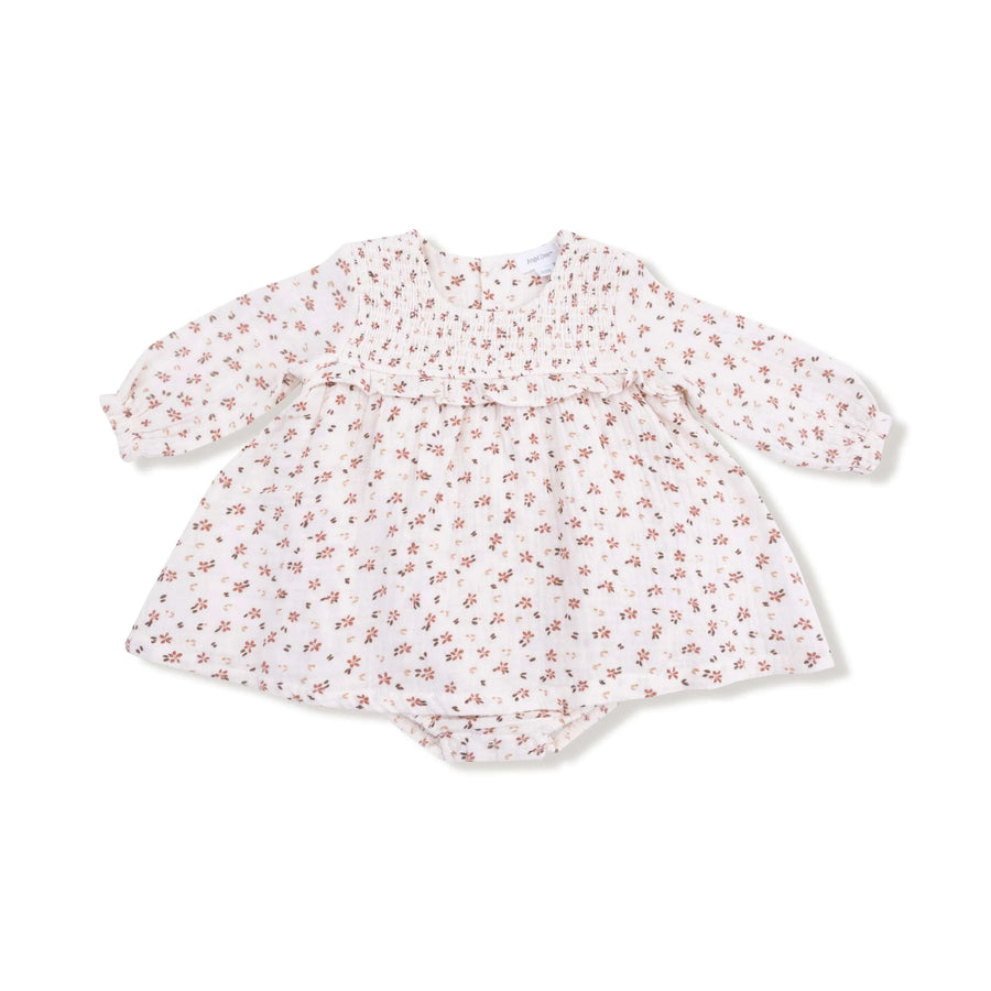 Angel Dear Baby Carrie Floral - Muslin Long Sleeve Smocked Ruffle Bubble with Skirt