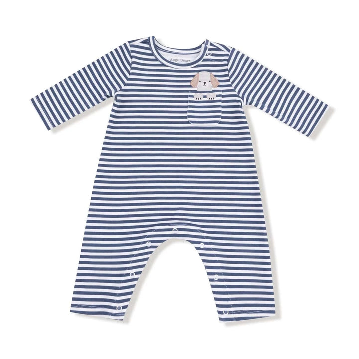 Angel Dear Baby Long Sleeve Snap Shoulder Romper - Stripes With Puppy Detailing