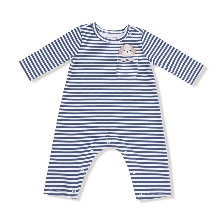 Angel Dear Baby Long Sleeve Snap Shoulder Romper - Stripes With Puppy Detailing