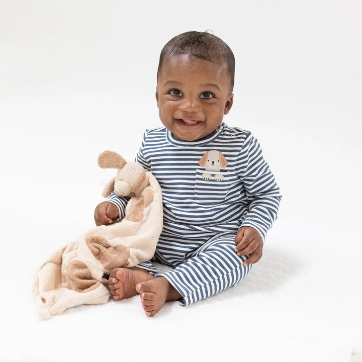 Angel Dear Baby Long Sleeve Snap Shoulder Romper - Stripes With Puppy Detailing