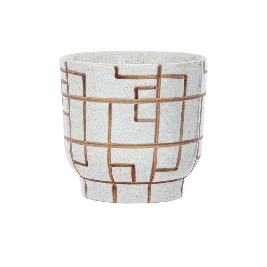 bloomingville plant pot Bloomingville Geometric Harmony Stoneware Planter, Cream and Brown