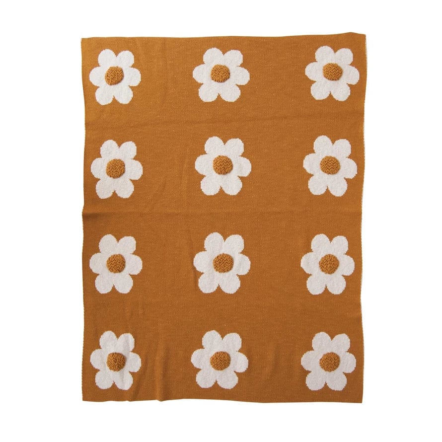 Creative Coop Blanket Cotton Knit Baby Blanket w/ Flowers & Tufting