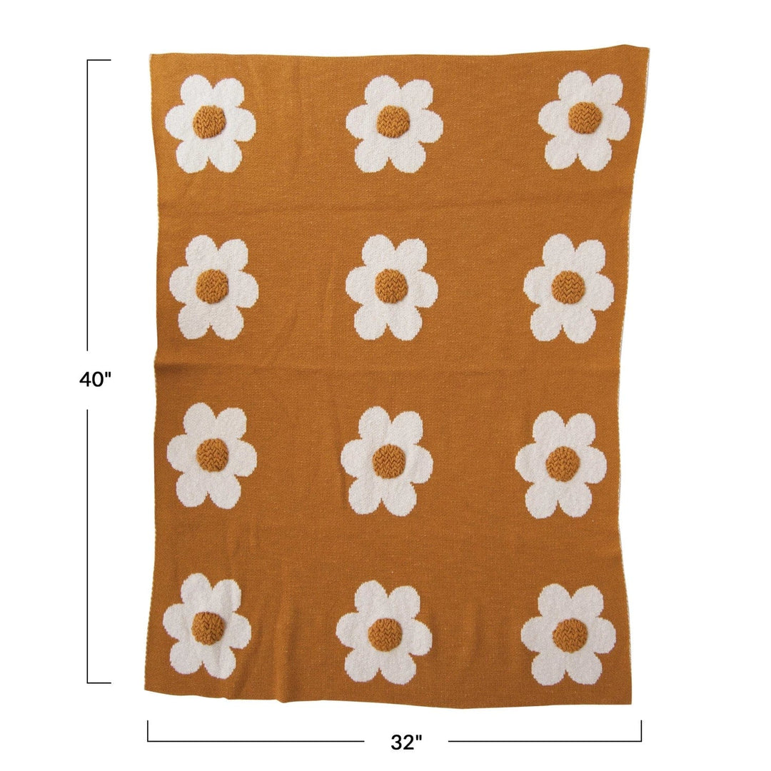 Creative Coop Blanket Cotton Knit Baby Blanket w/ Flowers & Tufting