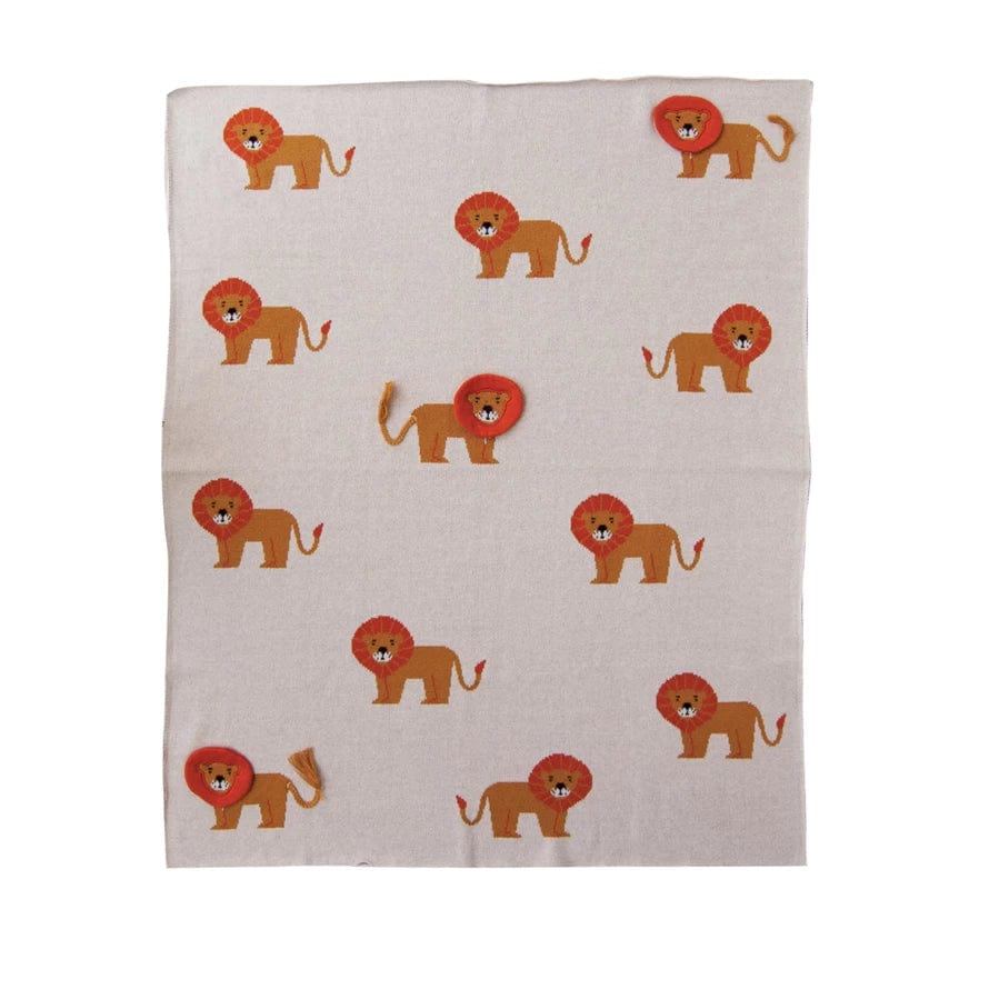 Creative Coop Blanket Cotton Knit Baby Blanket w/ Lions