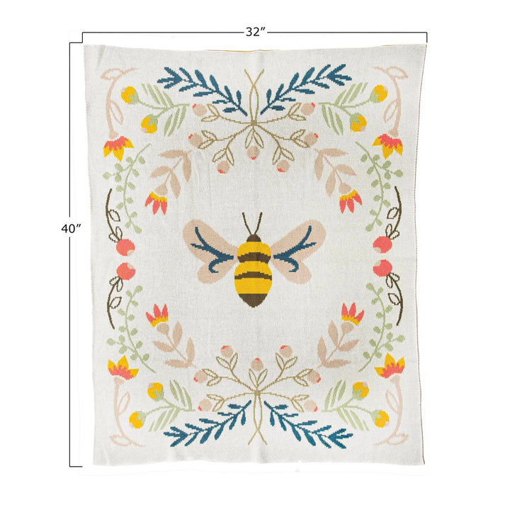 Creative Coop Blanket Cotton Knit Baby Blanket with Bee