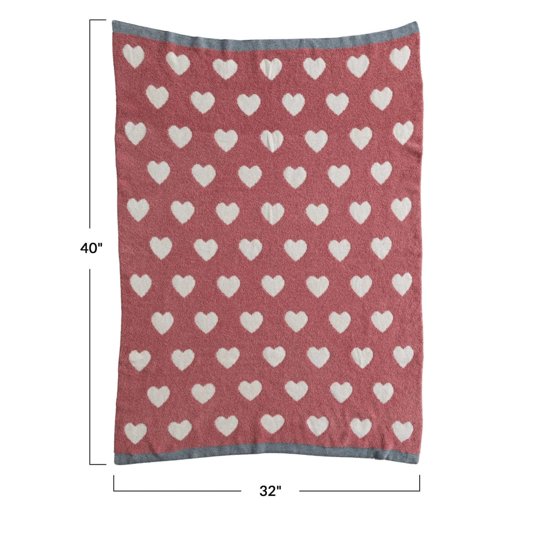 Creative Coop Blanket Cotton Knit Chenille Baby Blanket w/ Hearts