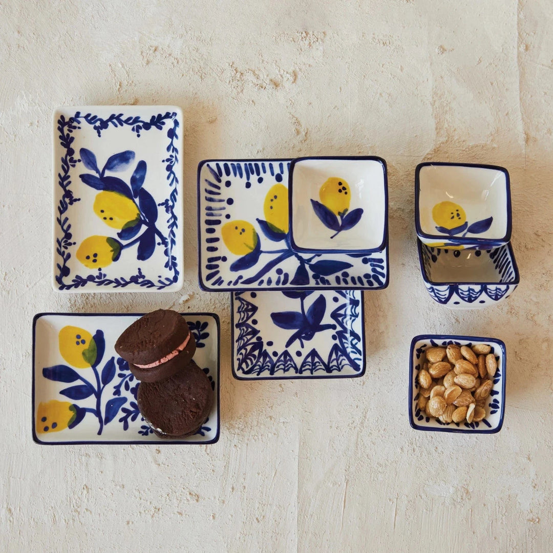 Creative Coop Dish 3" Square Hand-Painted Stoneware Dish w/ Lemons