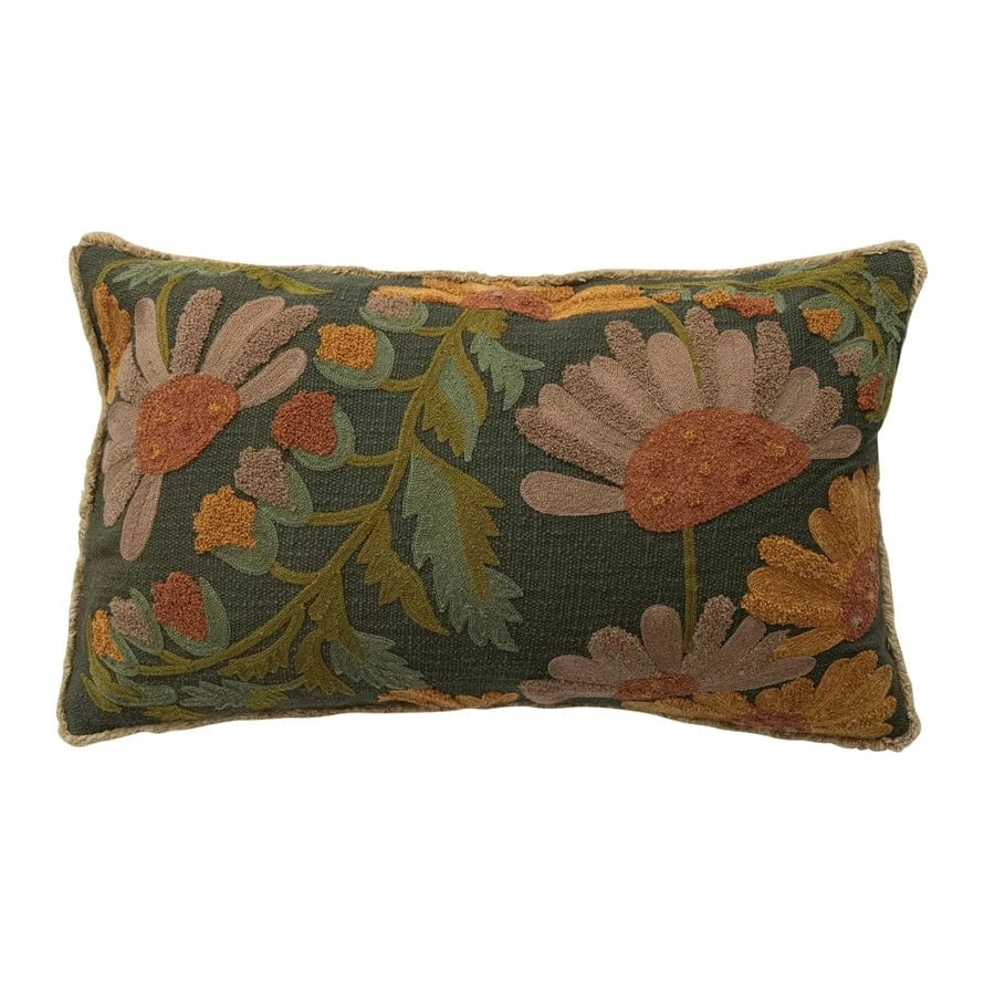 Creative Coop Holiday Cotton Slub Embroidered Pillow with Flowers, Fringe & Chambray Back
