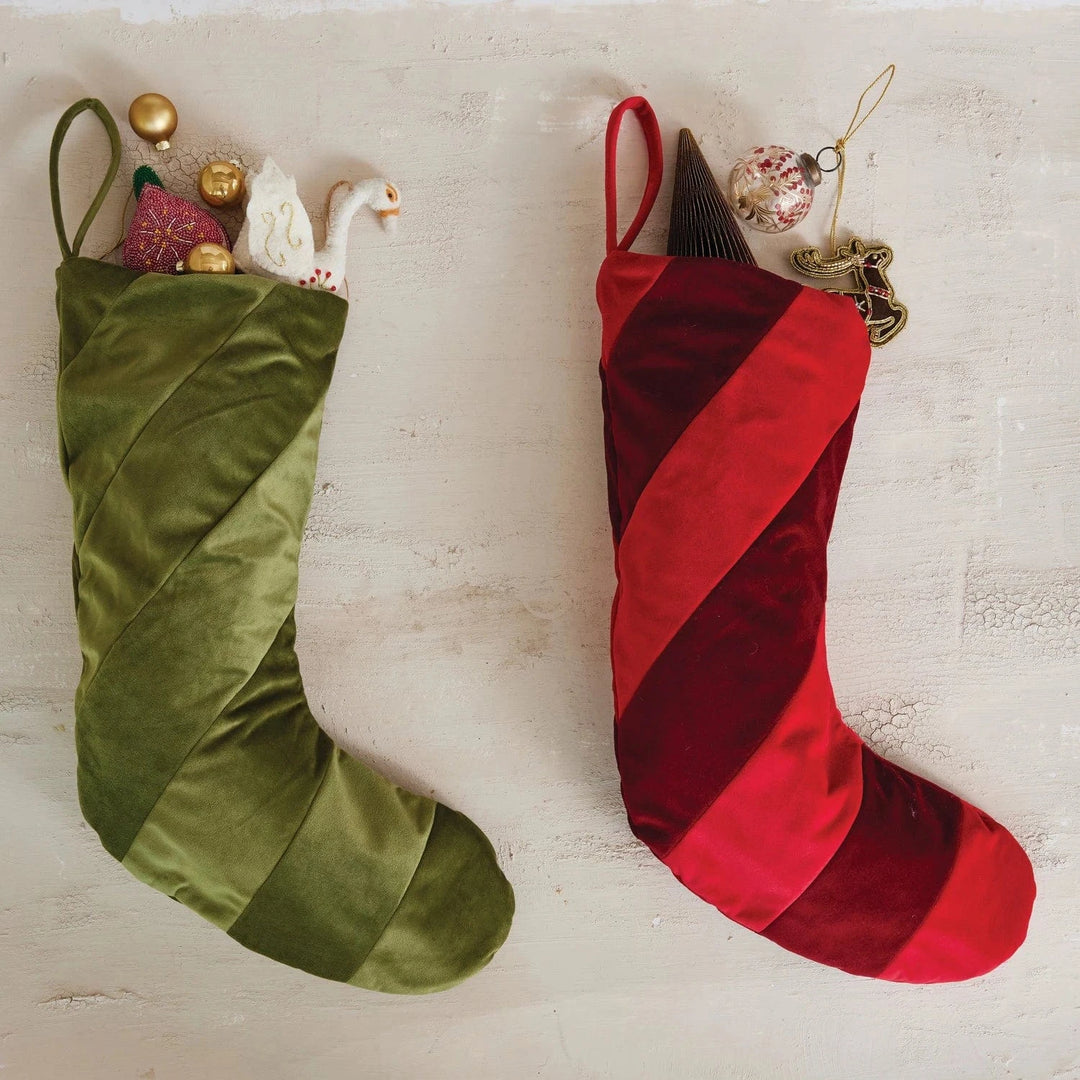 Creative Coop Holiday Fabric Velvet Striped Stocking, Green