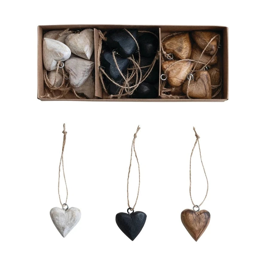 Creative Coop Holiday Mango Wood Heart Ornaments with Jute Hangers