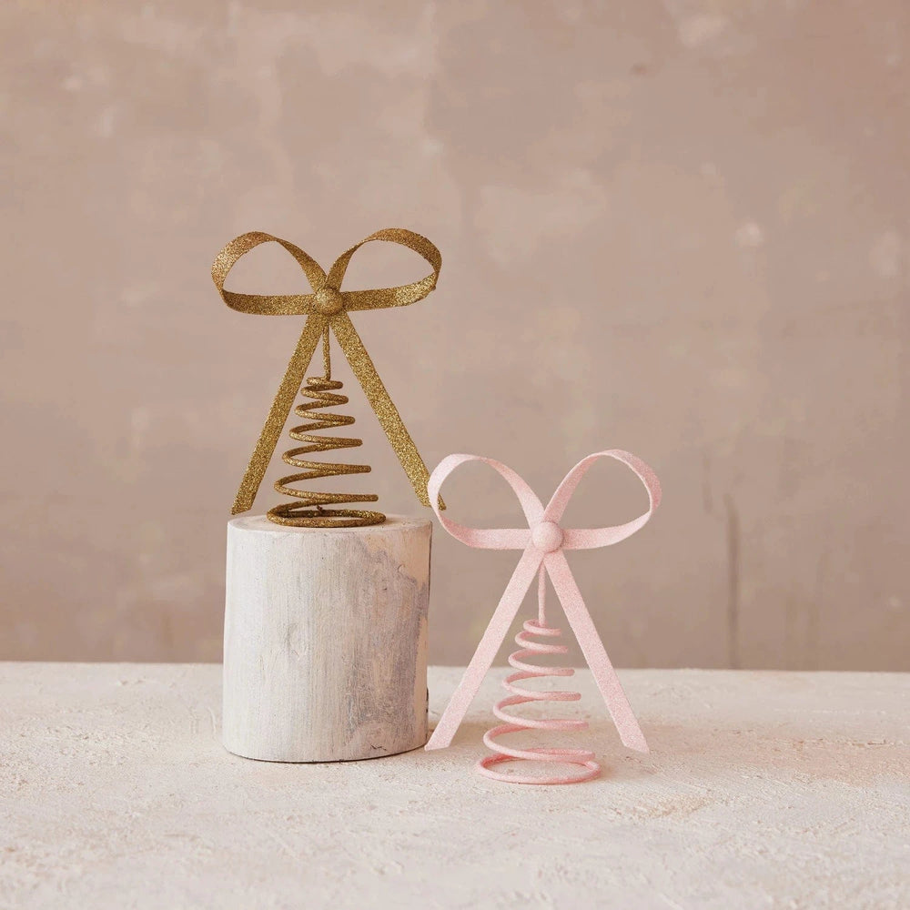 Creative Coop Holiday Metal Bow Tree Topper, Pink Glitter Finish