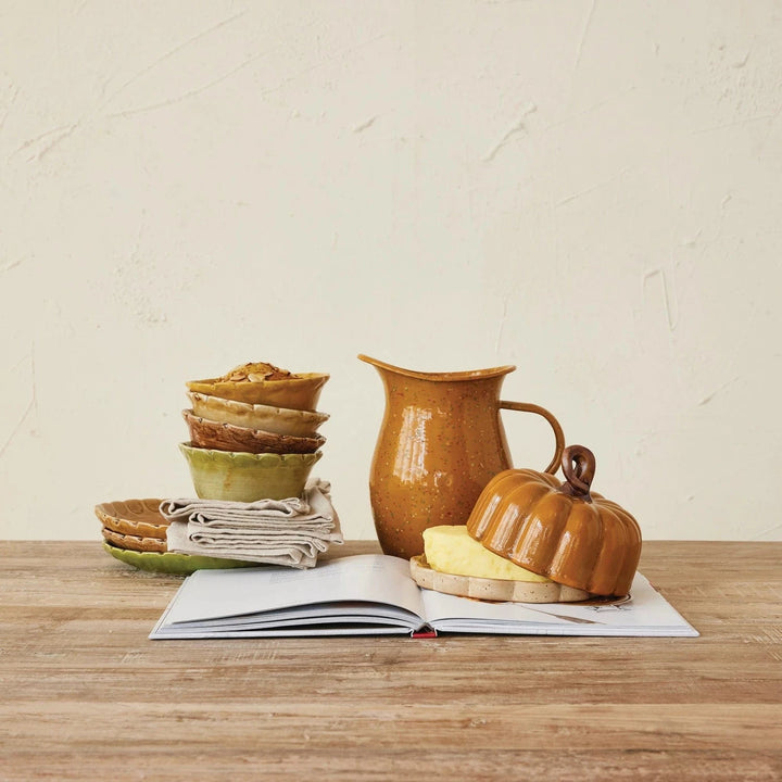 Creative Coop Holiday Stoneware Pumpkin Shaped Butter Dish with Stem Handle