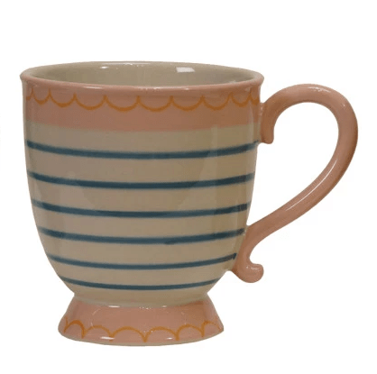 Creative Coop Home Blue Stripes 10 oz. Hand-Painted Stoneware Footed Mug