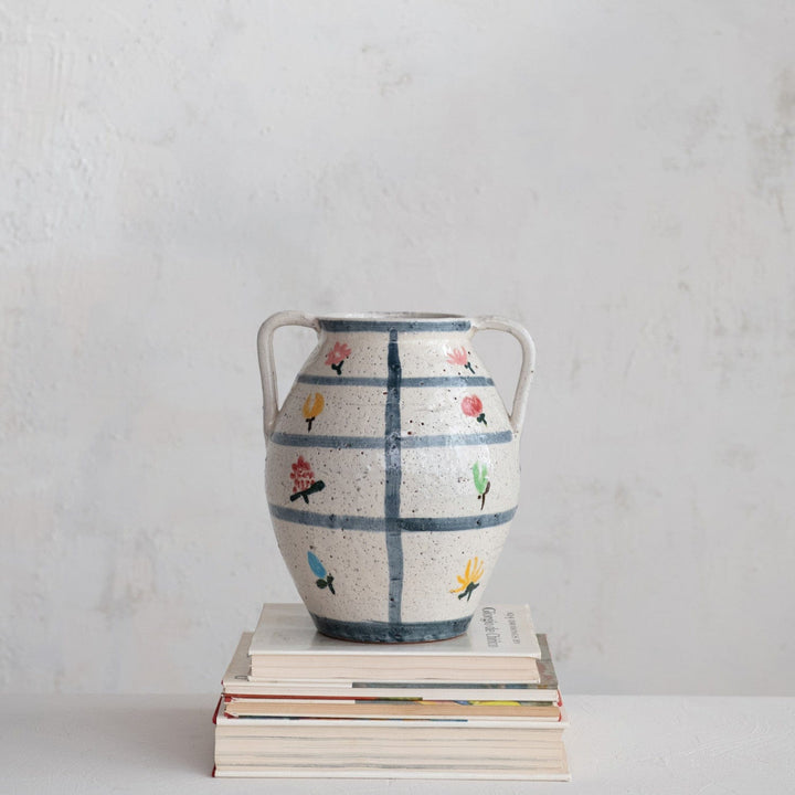 Creative Coop Home Hand-Painted Terra-cotta Urn with Flowers & Grid Pattern, Crackle Glaze (Each One Will Vary) - LOCAL PICKUP ONLY