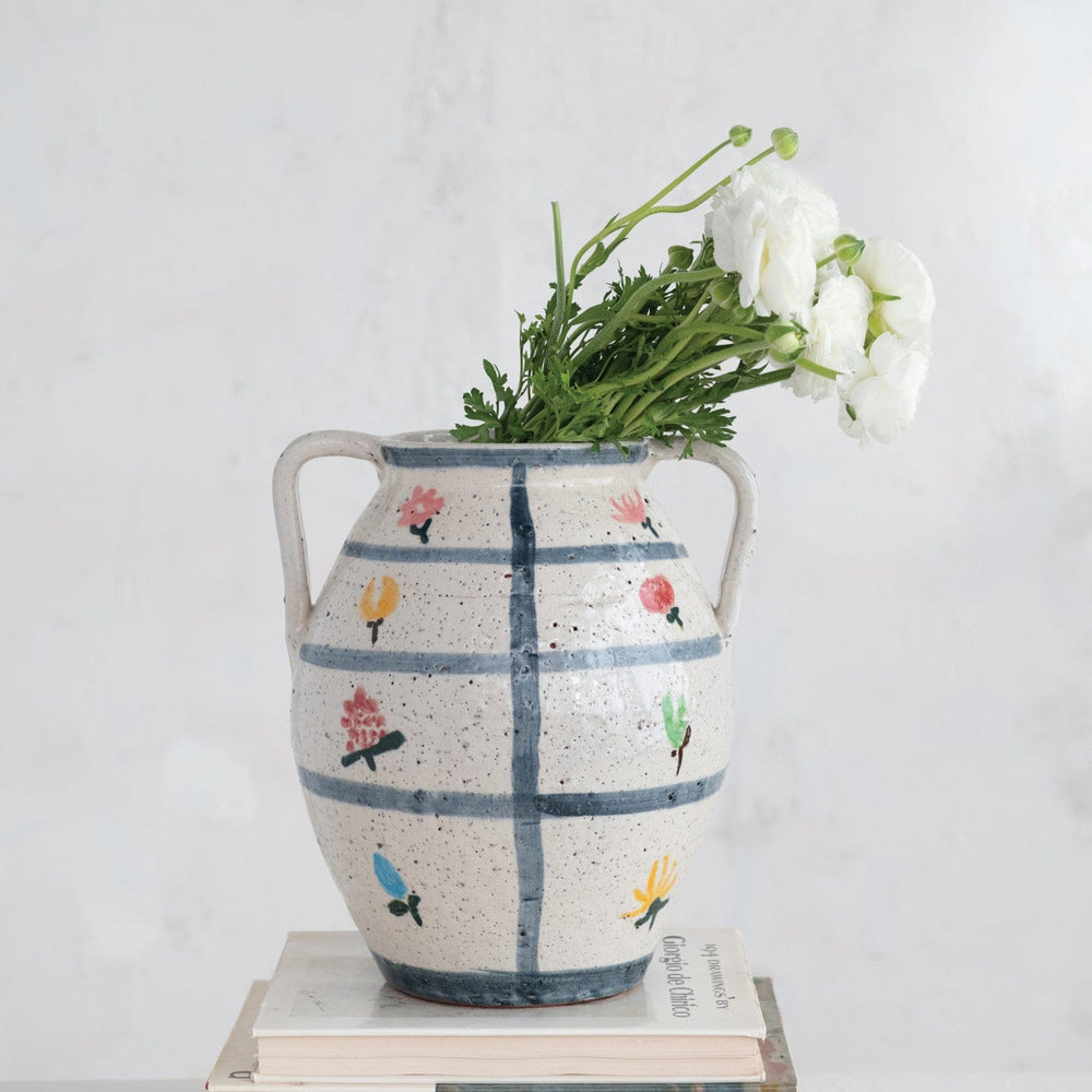 Creative Coop Home Hand-Painted Terra-cotta Urn with Flowers & Grid Pattern, Crackle Glaze (Each One Will Vary) - LOCAL PICKUP ONLY