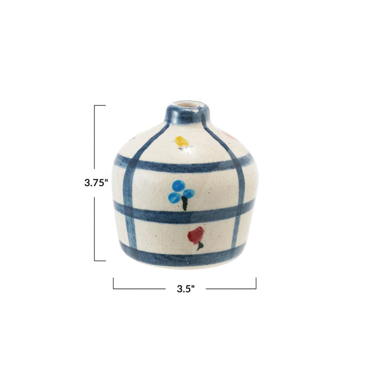 Creative Coop Home Hand-Painted Terra-cotta Vase w/ Flowers & Grid Pattern, Crackle Glaze (Each One Will Vary)