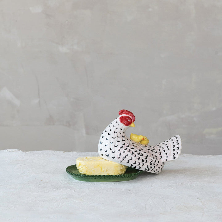 Creative Coop Home Hand-Painted Vintage Reproduction Hen Shaped Butter Dish with Chicks