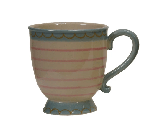 Creative Coop Home Pink Stripes 10 oz. Hand-Painted Stoneware Footed Mug