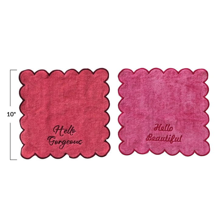 Creative Coop Home Scalloped Cotton Terry Wash Cloths with Embroidered Saying, Set of 2