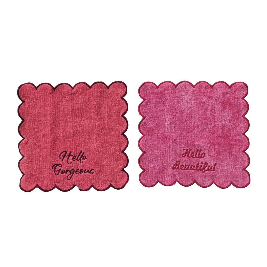 Creative Coop Home Scalloped Cotton Terry Wash Cloths with Embroidered Saying, Set of 2