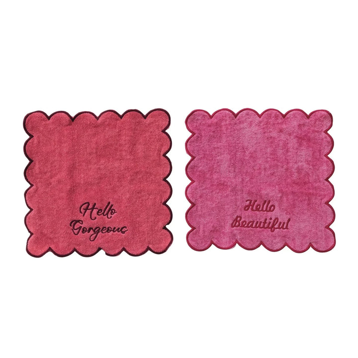Creative Coop Home Scalloped Cotton Terry Wash Cloths with Embroidered Saying, Set of 2