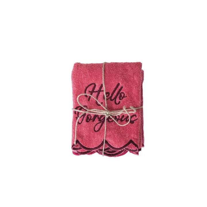 Creative Coop Home Scalloped Cotton Terry Wash Cloths with Embroidered Saying, Set of 2