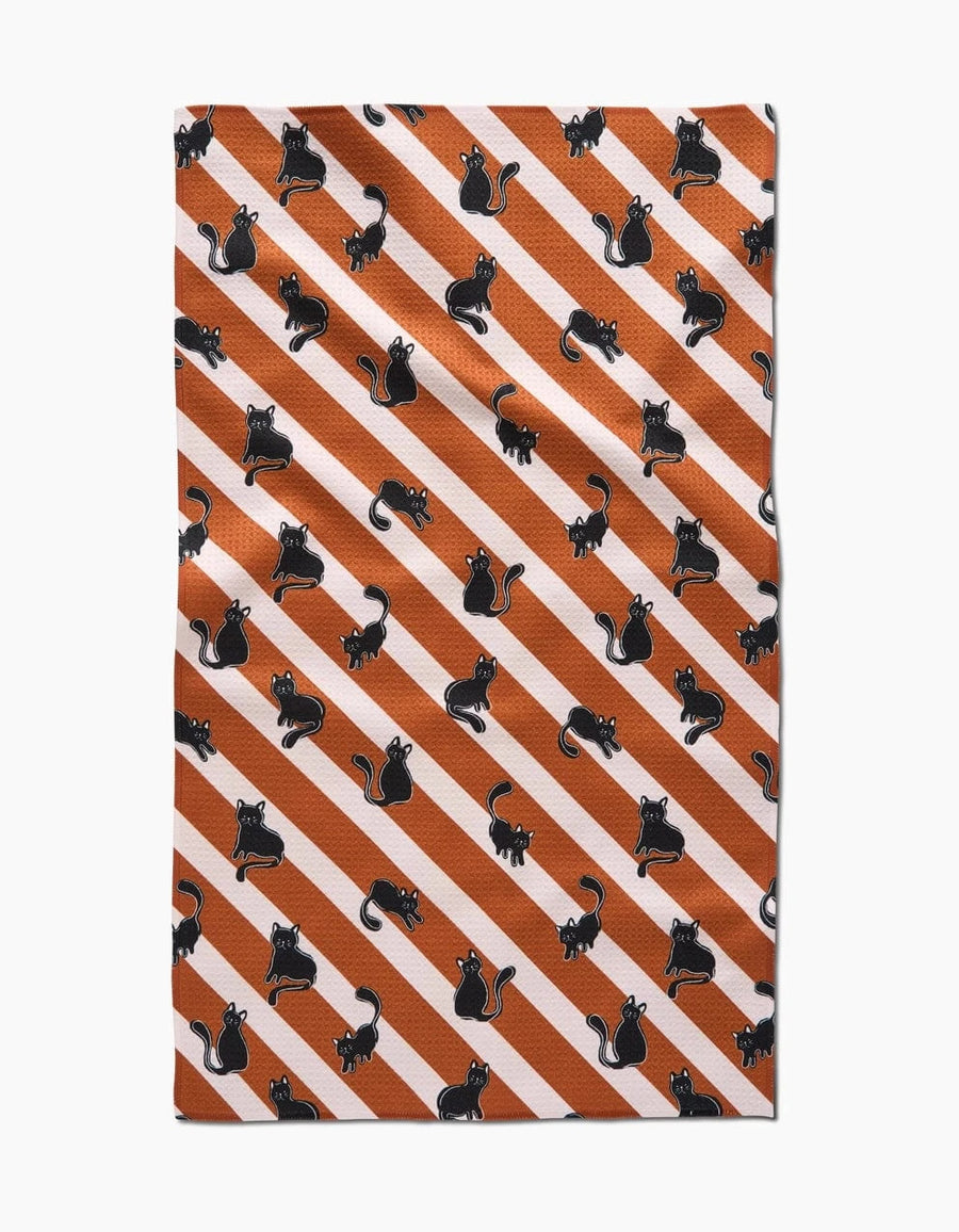 Geometry Holiday Striped Black Cats Orange Tea Towel