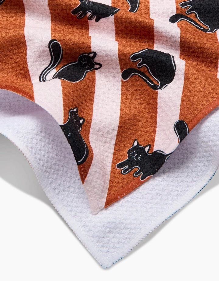 Geometry Holiday Striped Black Cats Orange Tea Towel