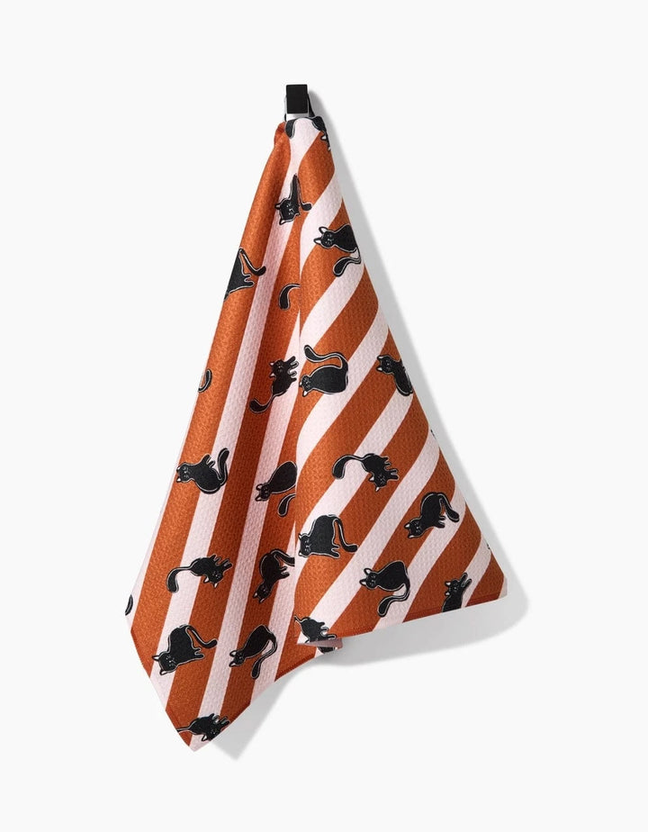 Geometry Holiday Striped Black Cats Orange Tea Towel