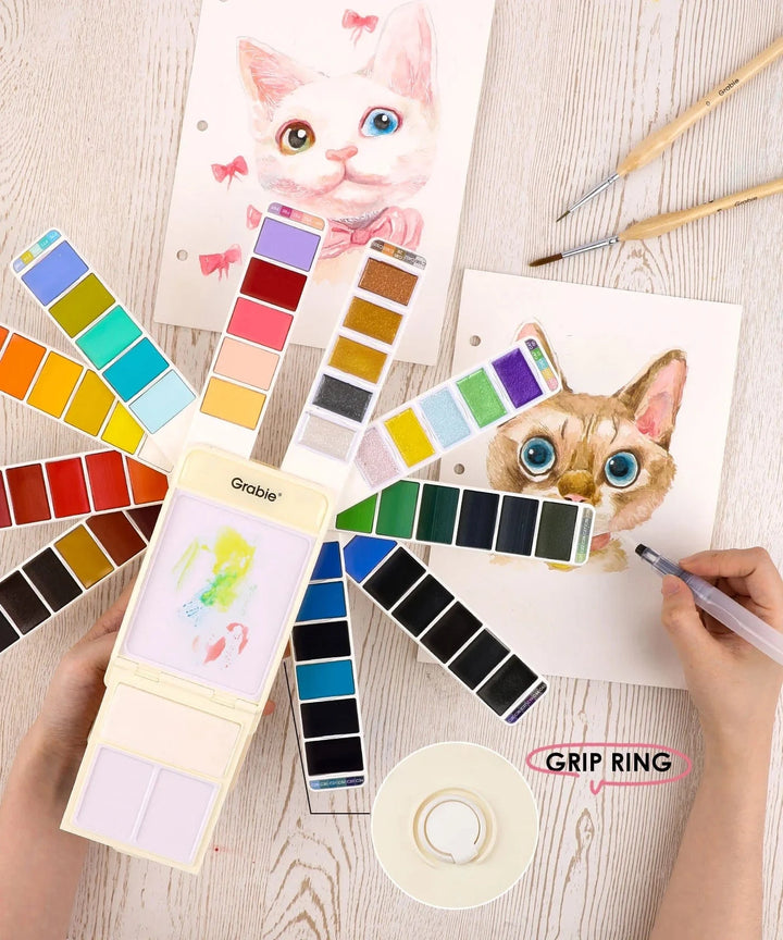 Grabie Gifts Foldable Watercolor Set Of 56 With Water Brush - Beige