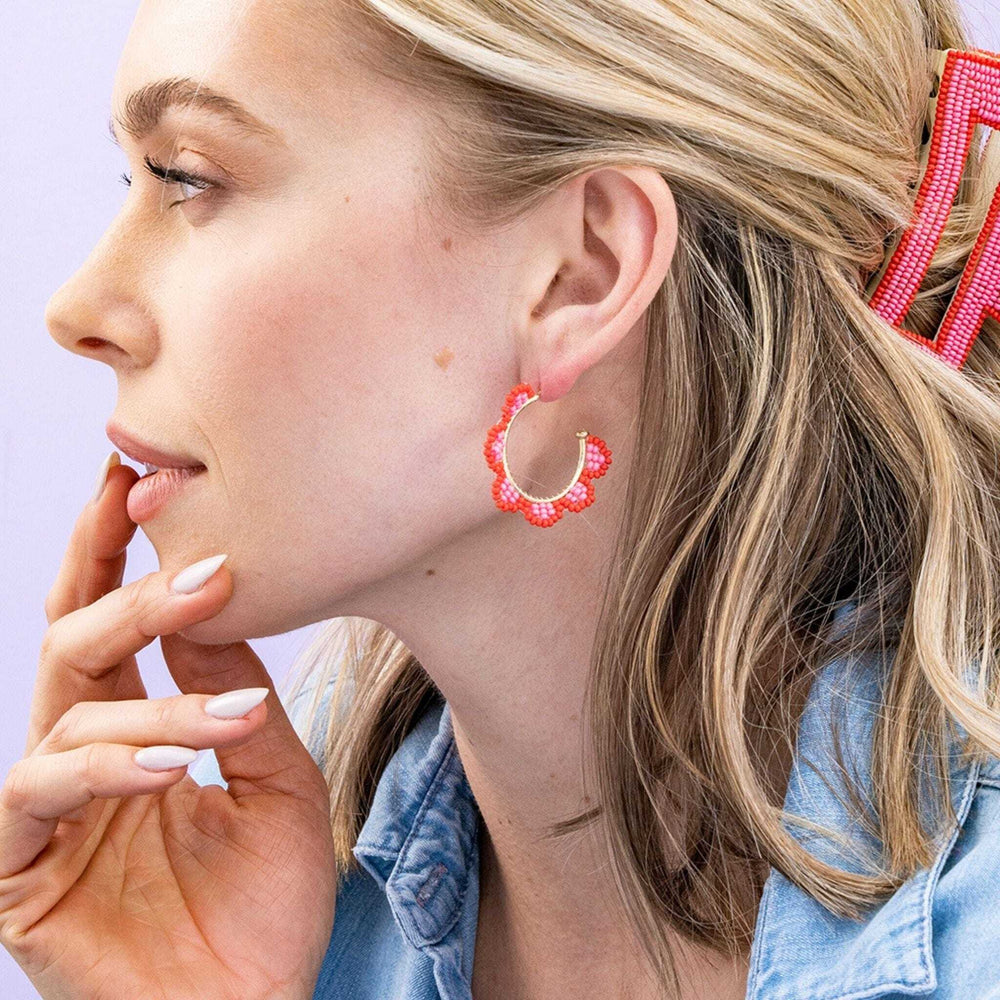 Ink + Alloy Earrings Luna Beaded Scallop Gold Hoop - Tomato