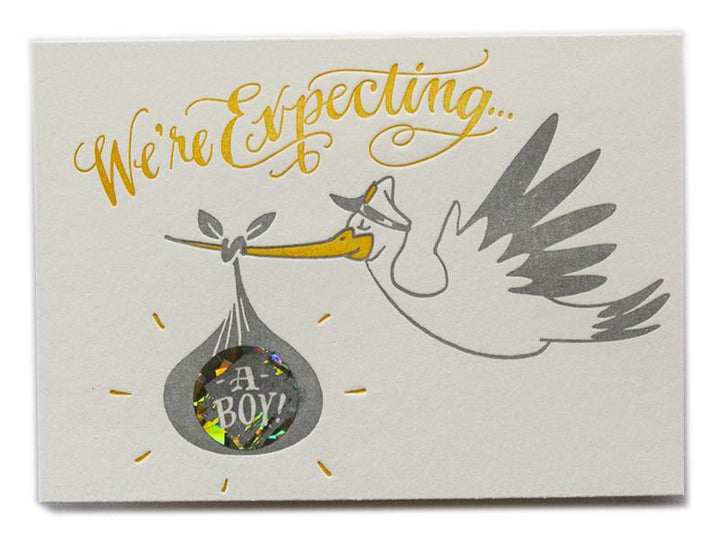 Ladyfingers Letterpress Card Scratch Off Stork Surprise Card- Boy