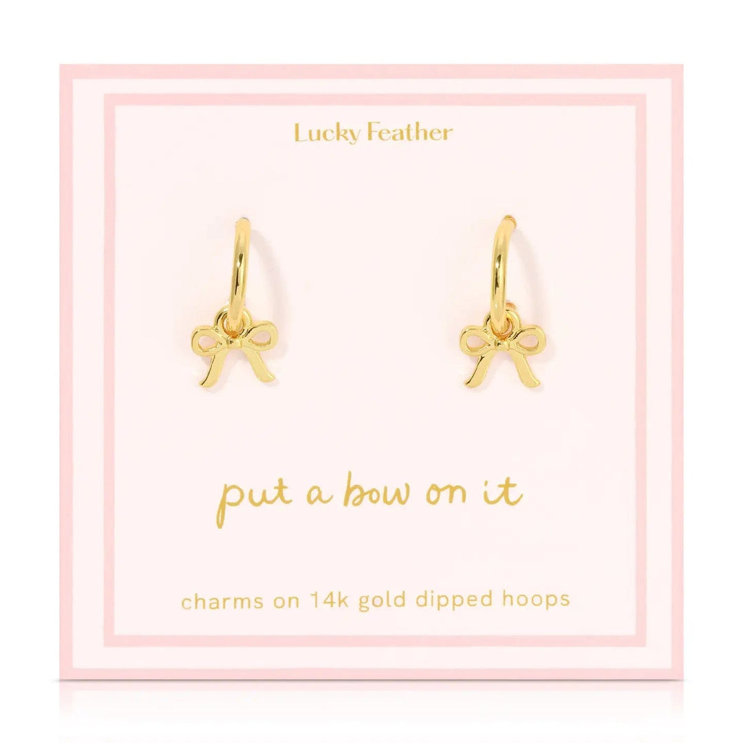 Lucky Feather Earrings Gold Beautiful Bows - Bow Charm Hoops
