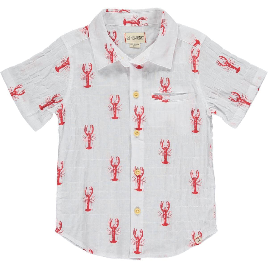 Me & Henry Baby & Toddler Tops 9-12m Maui Woven Shirt - White with Red Lobsters