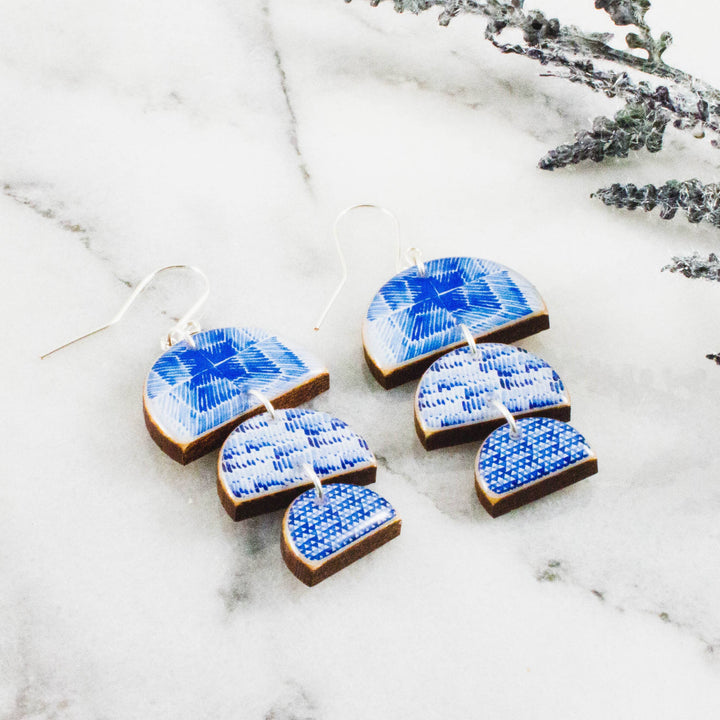 No Man's Land Artifacts Earrings Triple Half Circle Stack Earrings- Blue + White