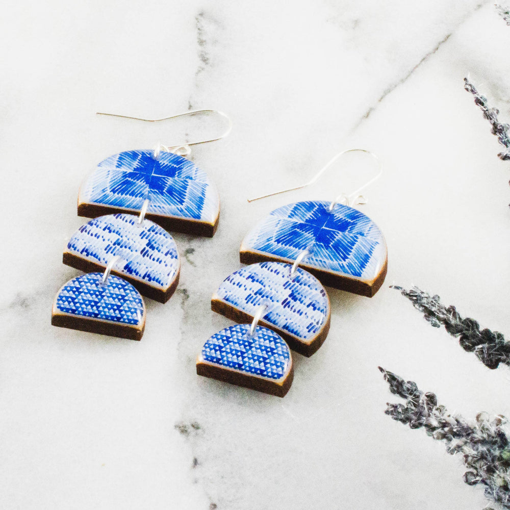 No Man's Land Artifacts Earrings Triple Half Circle Stack Earrings- Blue + White