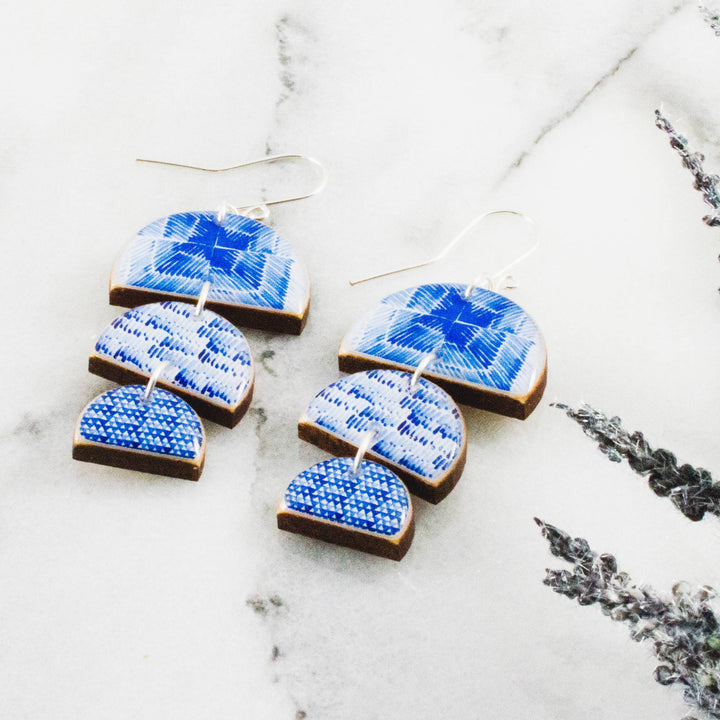 No Man's Land Artifacts Earrings Triple Half Circle Stack Earrings- Blue + White