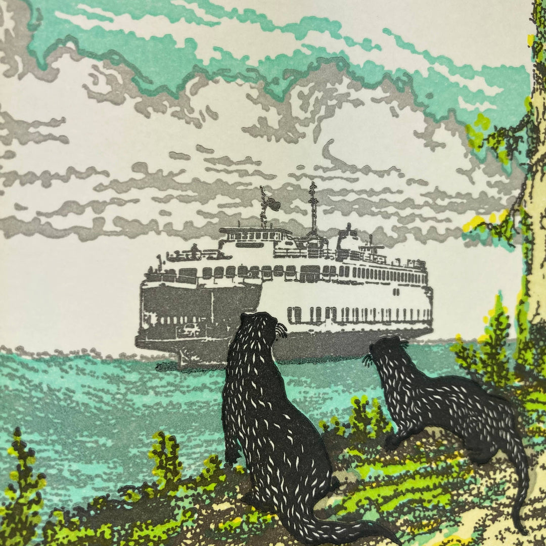 Old School Stationers Card Otters and Washington State Ferry San Juan Islands