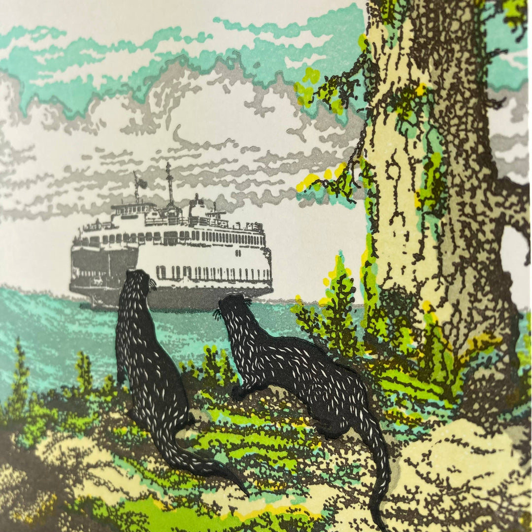 Old School Stationers Card Otters and Washington State Ferry San Juan Islands