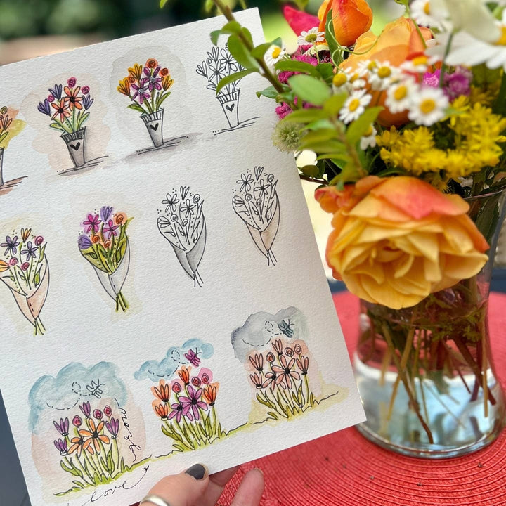 Originals Paper Art Cards Doodled Farm Fresh Flowers Flat Notes | Box of 8