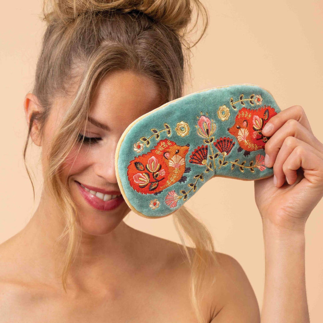 Powder Eye Mask Luxury Lavender Velvet Eye Mask - Folk Art Hedgehog in Aqua