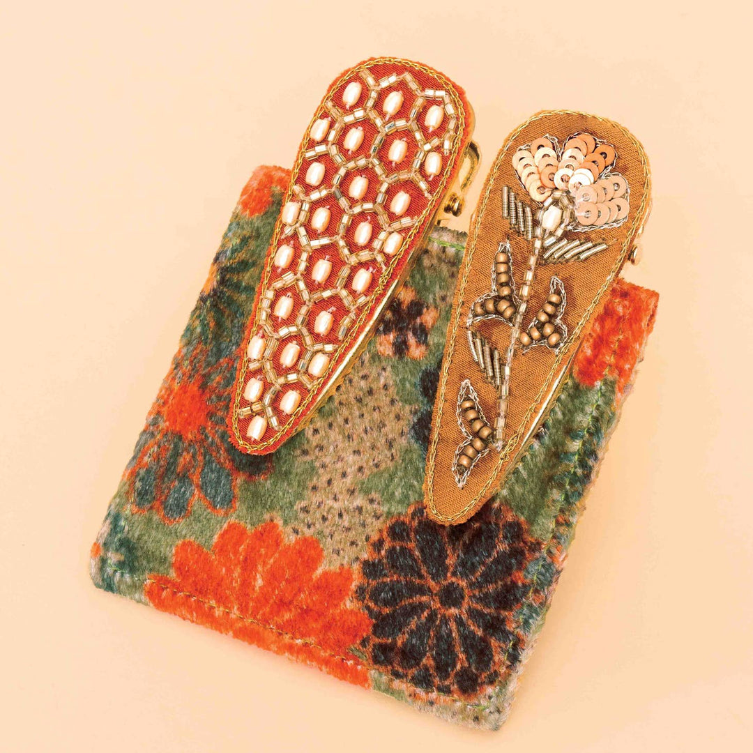 Powder Hair Accessories Hexagon/Floral Stem Hair Clips (Set of 2) - Tangerine/Mustard