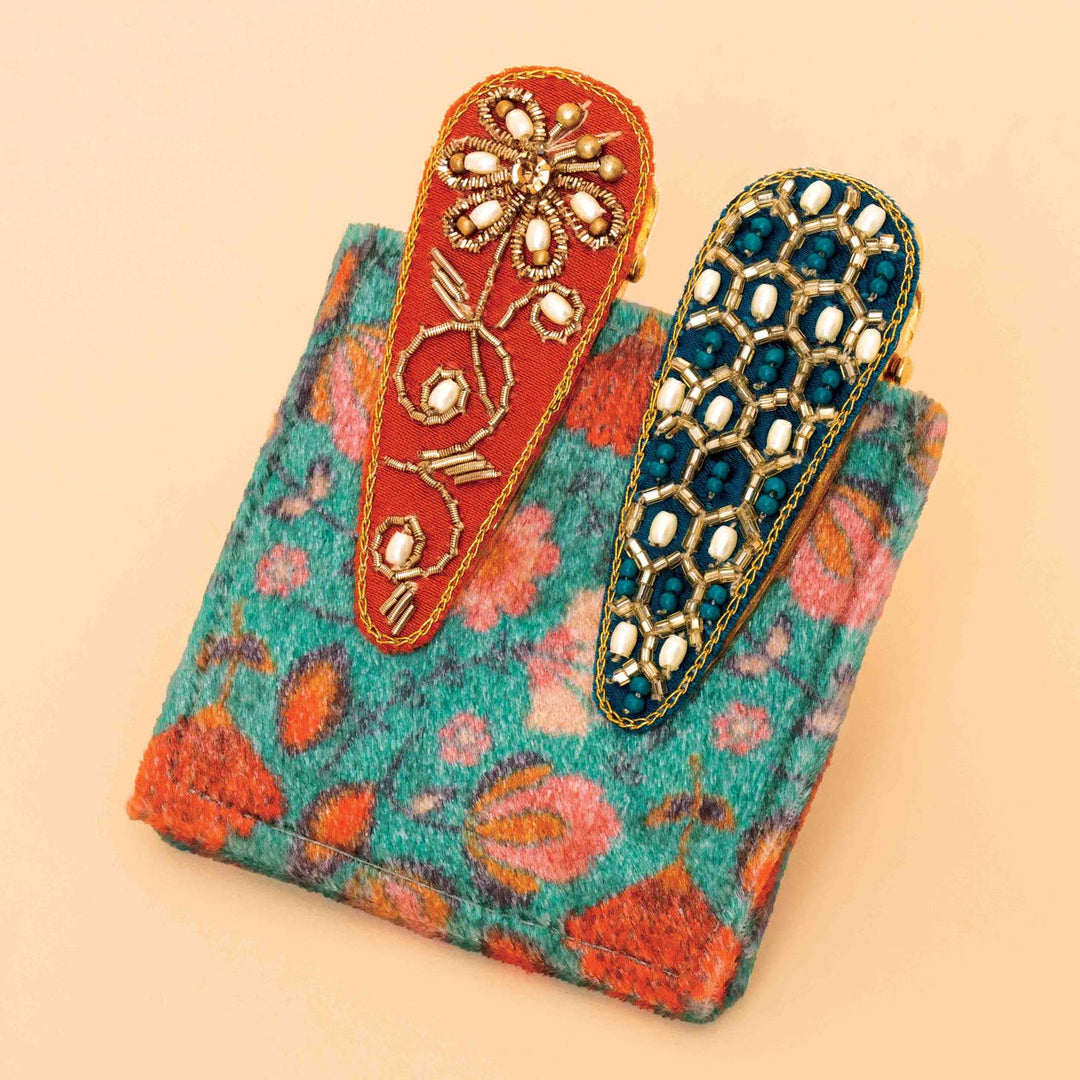 Powder Hair Accessories Hexagon/Floral Stem Hair Clips (Set of 2) - Teal/Tangerine