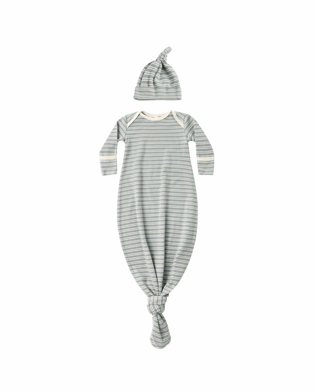 Quincy Mae Baby One Size Knotted Baby Gown + Hat Set - Steel Blue Micro Stripe