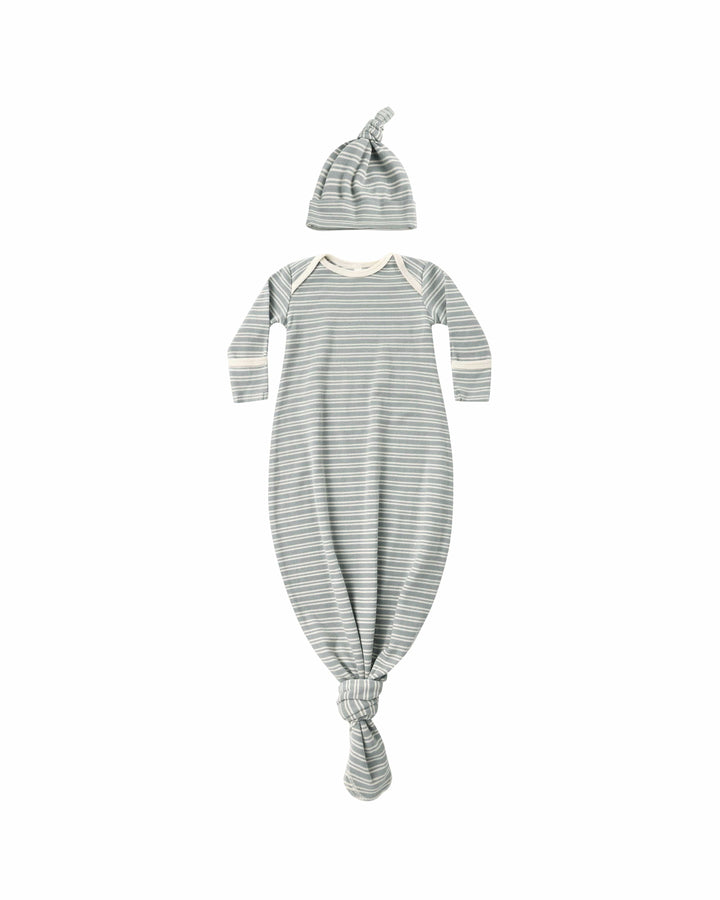 Quincy Mae Baby One Size Knotted Baby Gown + Hat Set - Steel Blue Micro Stripe