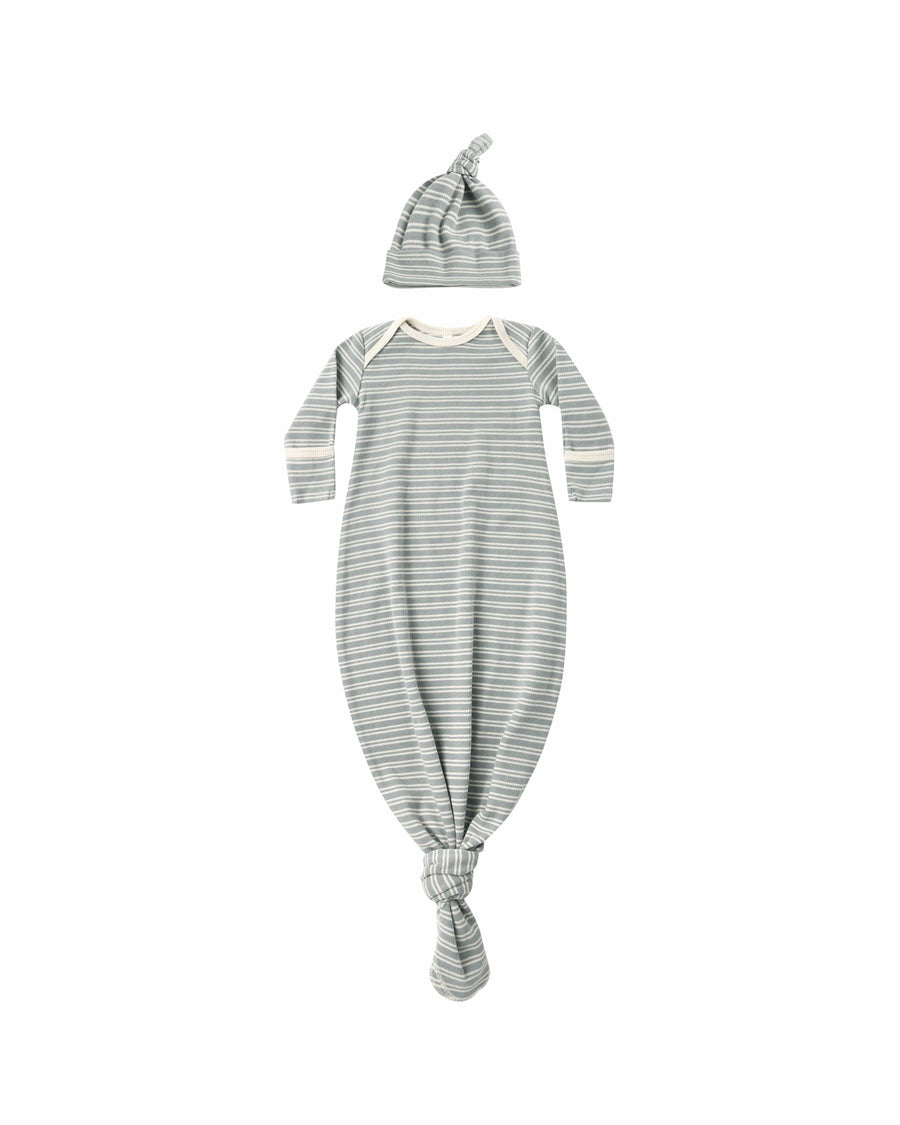 Quincy Mae Baby One Size Knotted Baby Gown + Hat Set - Steel Blue Micro Stripe