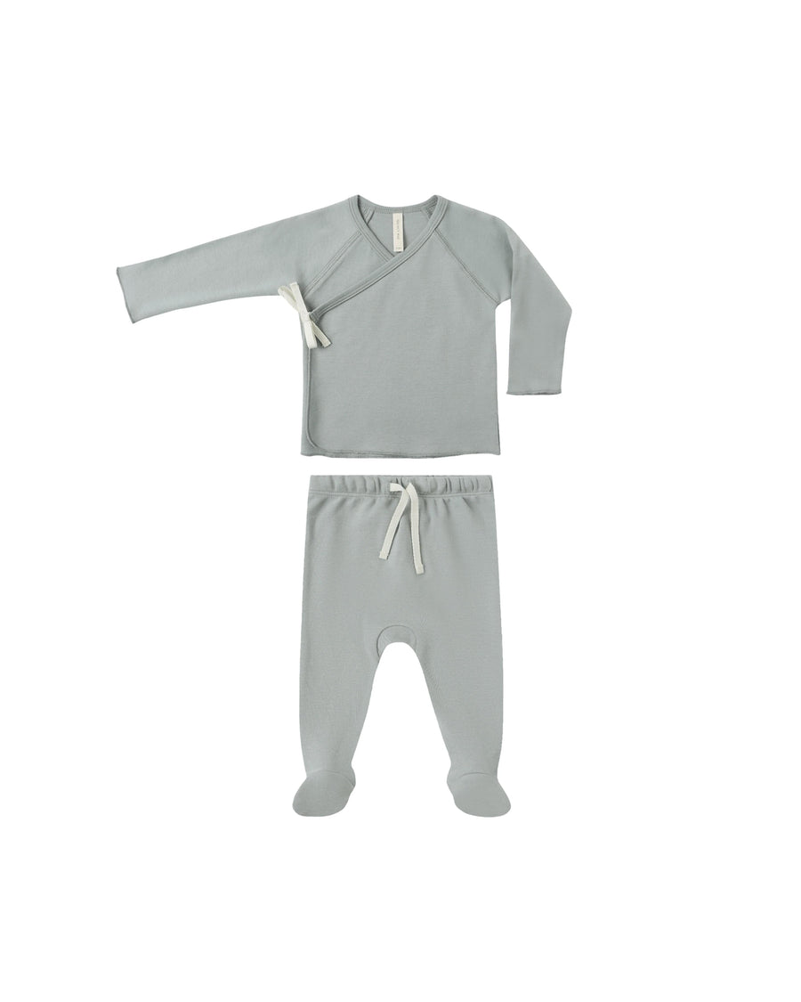 Quincy Mae Baby Wrap Top + Footed Pant Set - Steel Blue
