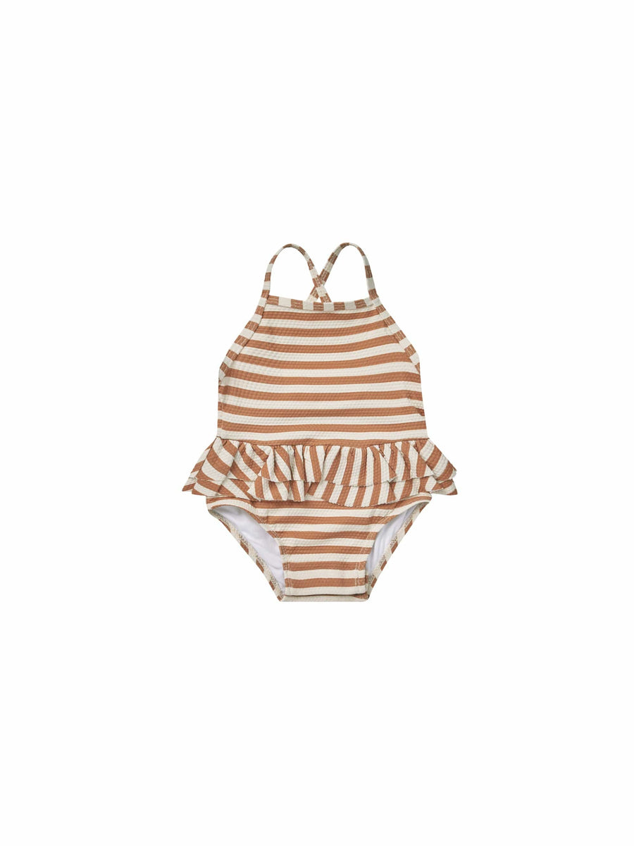 Quincy Mae Swimwear 0-3m Ruffled One Piece Swimsuit - Clay Stripe