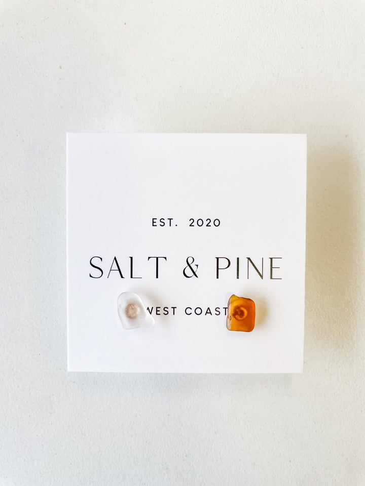 Salt + Pine Earrings Translucent & Brown One of A Kind Sea Glass Stud Earrings